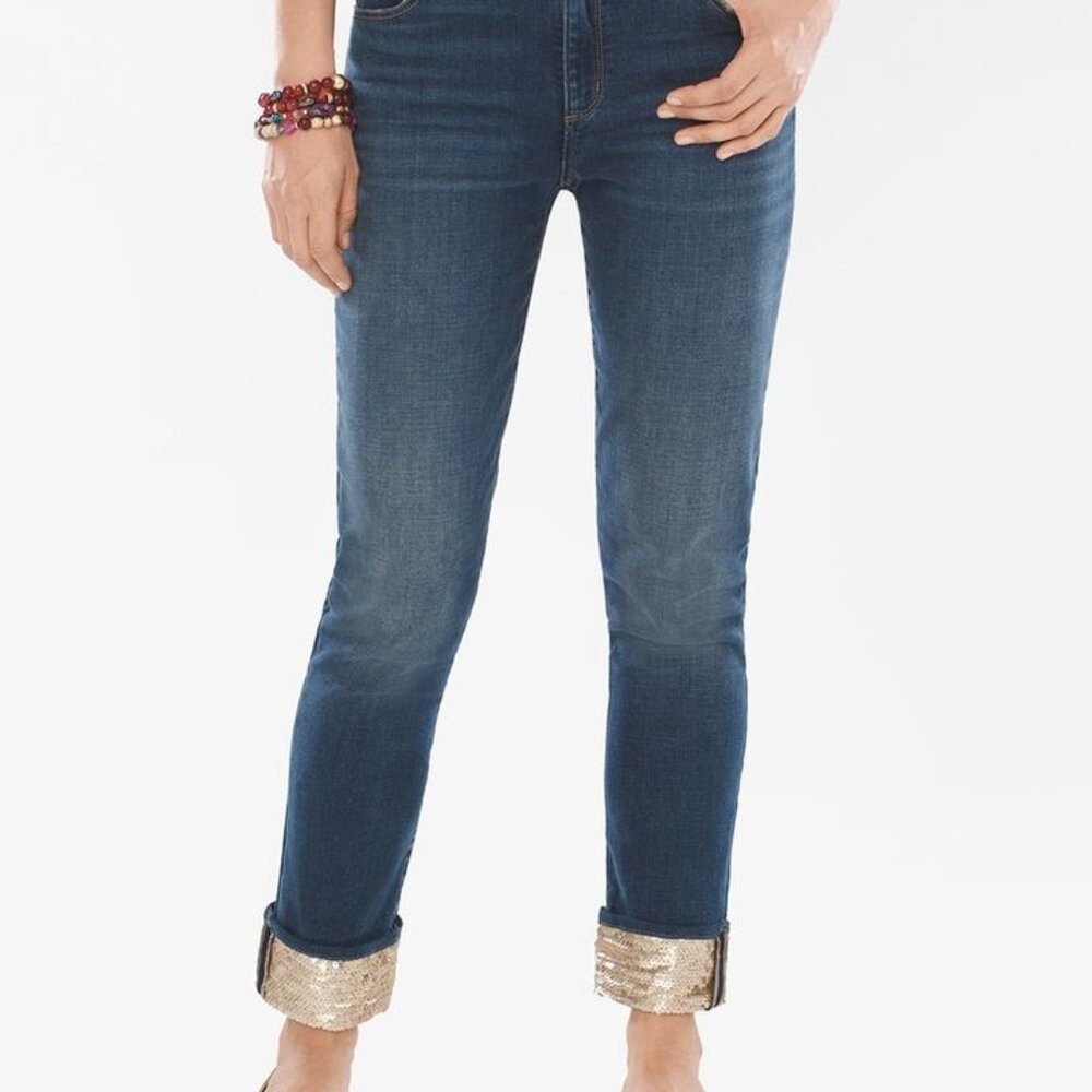 Chico's So Slimming Girlfriend Jeans Women 1.5/10R Gold Sequin Cuff Denim
